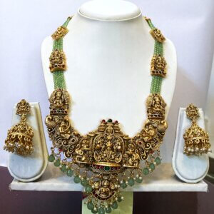Grand Lakshmi Temple Haram Set with Green Beads – Traditional South Indian Bridal Jewelry
